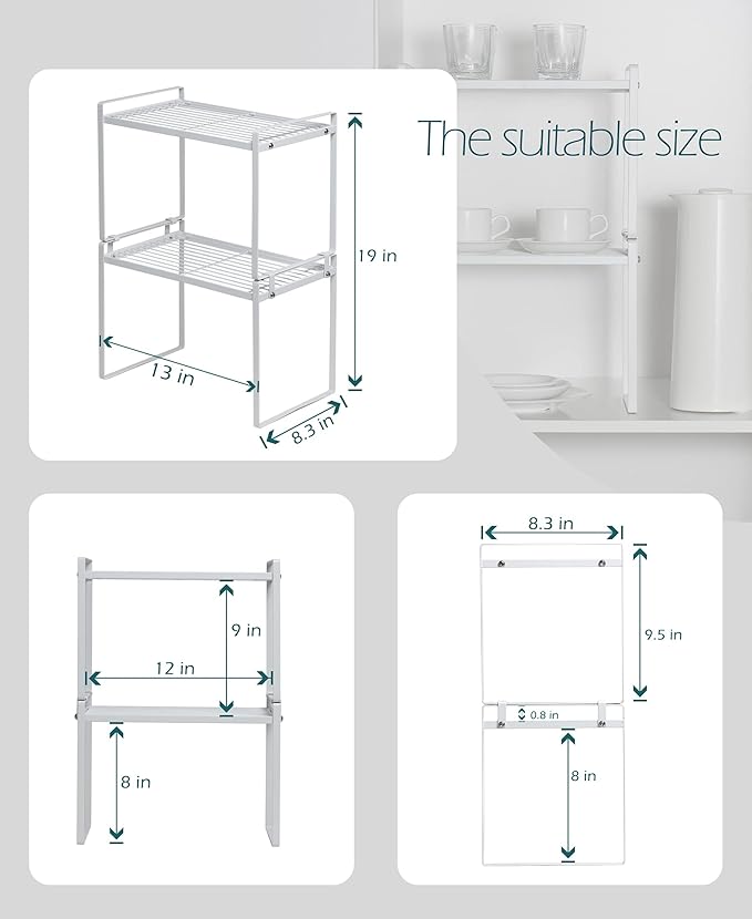 Shantton 2pk Kitchen Cabinet Shelf Counter Organizer Rack Pantry Storage Bathroom Bedroom Office Table Desk Space Saving Steel Frame Stackable Rust Resistant Non Slip White-Tall- L13in W8.3in H9.5in