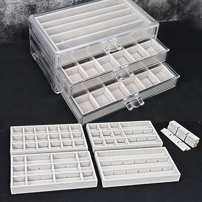 YUFONG Earring Organizer Box Acrylic Jewelry Organizer with 3 Drawers 54 Adjustable Grids Clear Stackable Earring Holder Velvet Trays Ring Display Case for Women Girls (Beige)
