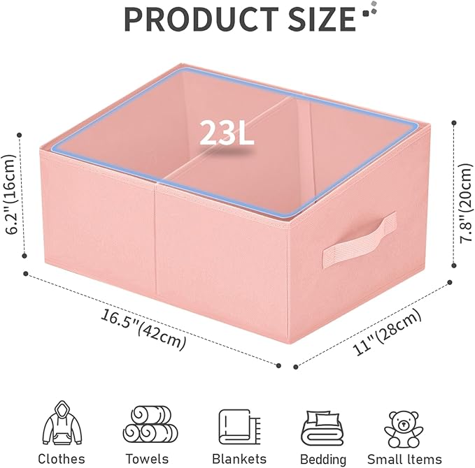Large Closet Shelf Organizer Bins 4 Packs with Handles and Divider, Pink