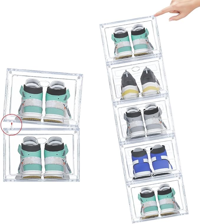 Large Clear Plastic Shoe Boxes Stackable, 10 Pack Drop Front Shoe Storage Box 0rganizer, Sneaker Storage Shoe Containers Display Case for Size 12 (Ash 10pack)