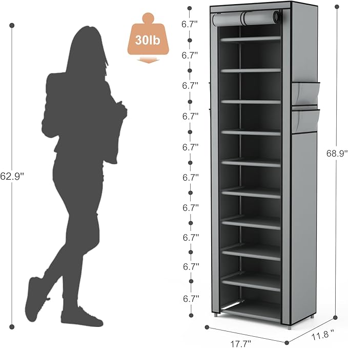 VTRIN Vertical Narrow Shoe Rack Organizer Tall Shoe Rack for Closet Entryway 10 Tier Non-Woven Cover Shoe Shelf Holds 20-22 Pairs Free Standing Shoe Storage Cabinet with Dustproof Cover, Grey