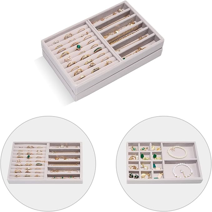 ProCase Stackable Jewelry Organizer Trays for Drawers, Jewelry Drawer Inserts Container Display Case Storage for Earring Necklace Rings Bracelet with Removable Dividers -Grey, 2 Layers