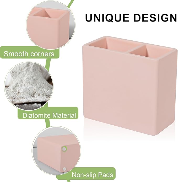 Diatomite Toothbrush Holder 2 Slots Tooth Brush Holder for Bathroom, Kids Electric Toothbrush and Toothpaste Organizer for Countertop, Shower, Vanity, Blush Pink