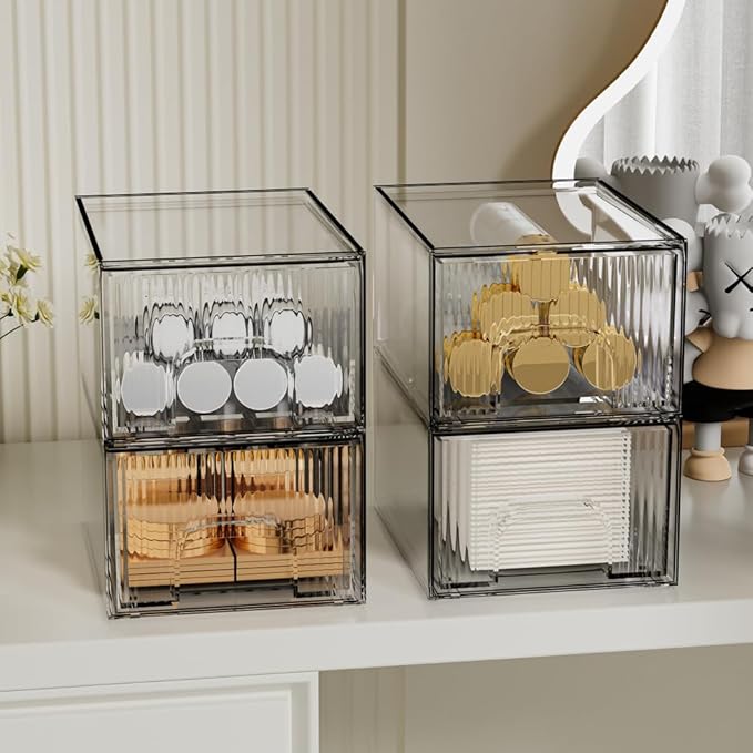4 Pack Clear Stackable Storage Drawer, Acrylic Drawer, Cosmetic Organizer