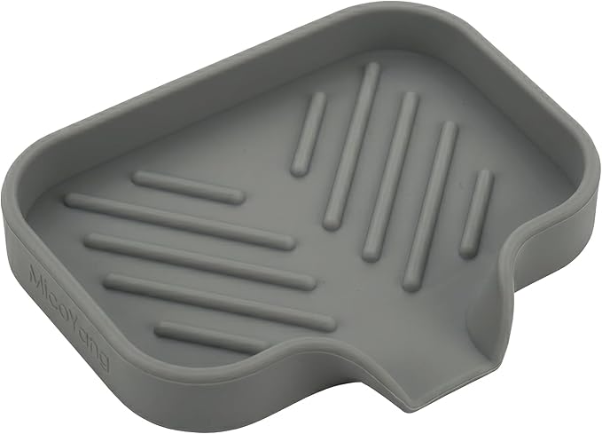 MicoYang Silicone Soap Dish with Drain Spout — Self-Draining Sink Organizer Tray for Bathroom & Kitchen, Holds Bar Soap, Sponges & Dispensers, Non-Slip & Dishwasher Safe, Grey (Small, 4.9"×3.2")