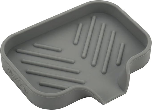 MicoYang Silicone Soap Dish with Drain Spout — Self-Draining Sink Organizer Tray for Bathroom & Kitchen, Holds Bar Soap, Sponges & Dispensers, Non-Slip & Dishwasher Safe, Grey (Small, 4.9"×3.2")