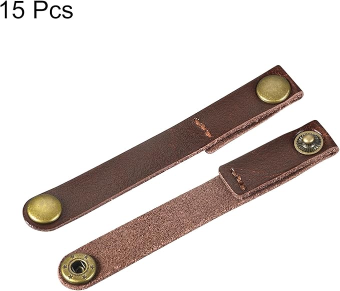 MECCANIXITY Pack of 15 Leather Cable Straps Cord Organizer 90x12mm Portable Cable Leather Clips Brown Earphone Cord Management for Cable, Wire