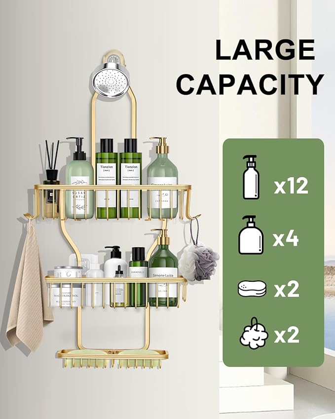 Shower Caddy Hanging, Never Rust Shower Hanging Organizer, Gold