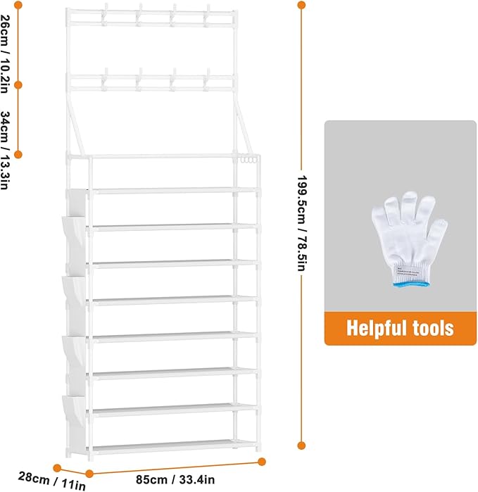 OYREL Shoe Rack 8 Tier Large Shoe Organizer Storage 32-40 Pairs Metal Shoe Storage Rack with Hooks and Side Pocket for Entrance Entryway Closet Shoe Shelf Holder
