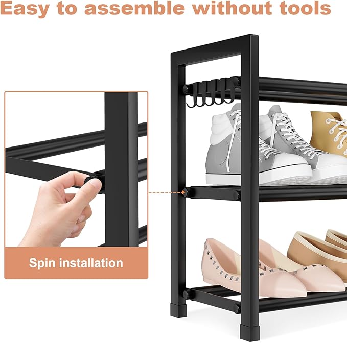 Expandable Shoe Rack for Closet, Bedroom with 5 Hooks