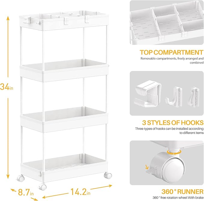 SPACELEAD 4 Tier Rolling Cart with Wheels, Storage Craft Art Trolley Organizer Serving, 3 Hanging Baskets Easy Assembly, for Office, Living Room, Kitchen