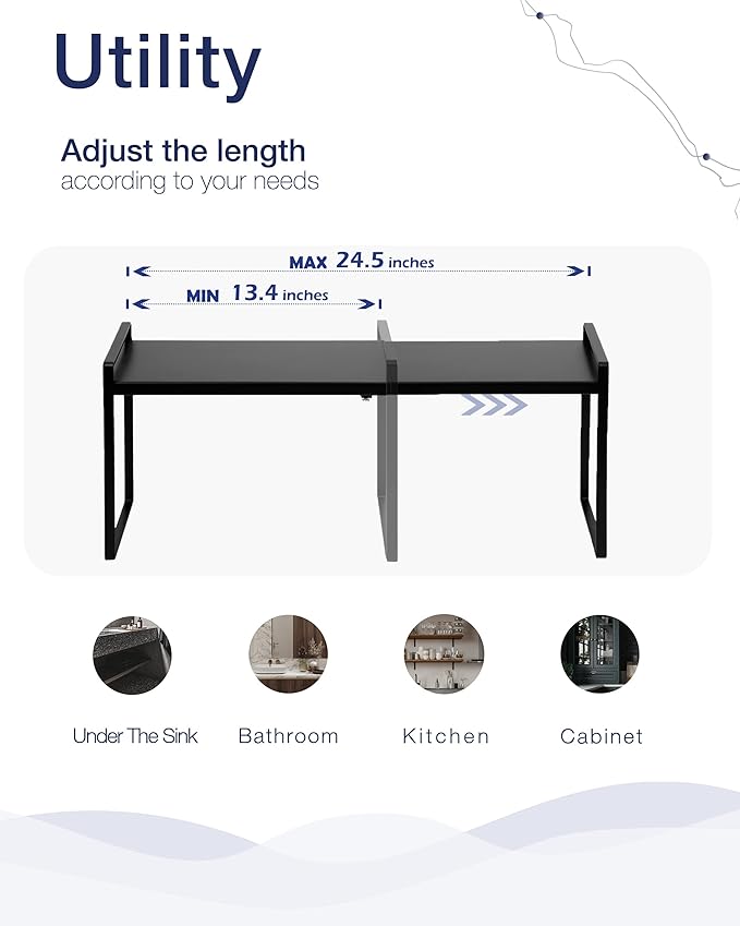 Nxconsu Cabinet Shelf Organizer Expandable, 12 Inch Deep Adjustable 13 to 24 Inch Metal Shelf Riser for Kitchen Pantry Cupboard Countertop Under Sink, Heavy Duty Stackable Storage Rack, Black