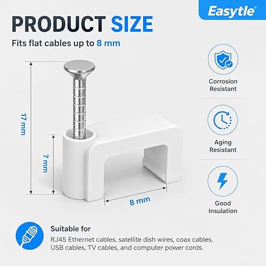 Cable Clips Nail in Cable Clips 100 Pcs 8mm Flat Ethernet Cable Wall Clips Cable Tacks Coax Cable Clip Speaker Wire Clips Cable Nails for Cords Cat5/Cat5e/Cat6/Cat7 RJ45 Cord Clips