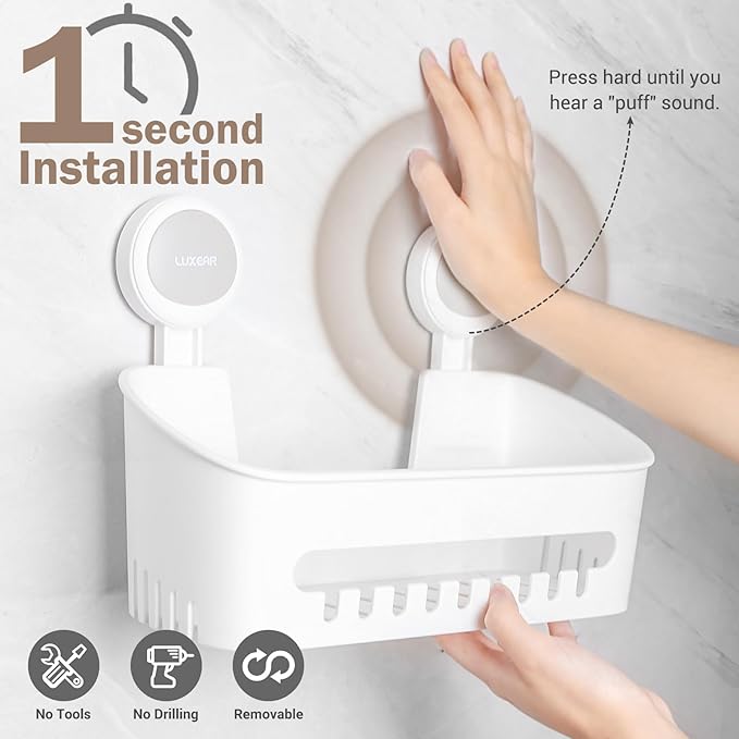 LUXEAR 4 Pack Shower Caddy Set - Suction Cup Shower Shelf+Soap Dish+Hooks - 1 Sec Installation NO-Drill Removable Powerful Waterproof Organizer for Bathroom/Kitchen/RV 22LBS Capacity Removable