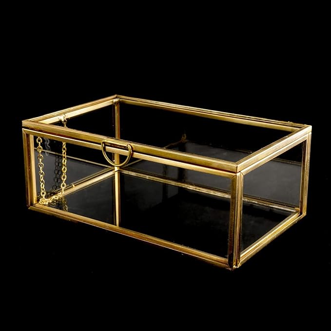 HighFree Vintage Glass Box with Lid - Clear Jewelry Glass Display Box Keepsake Box - Home Decor Decorative Box for Trinket Rings Bracelet (Gold, X-Small)