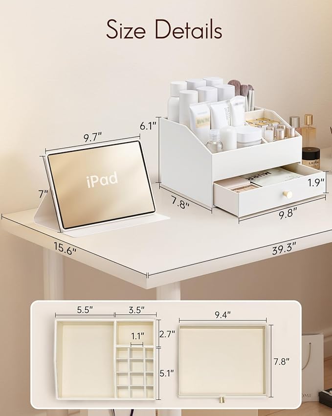 Makeup Organzier, Vanity Organizer with Drawers, Brushes Gifts for Women-White