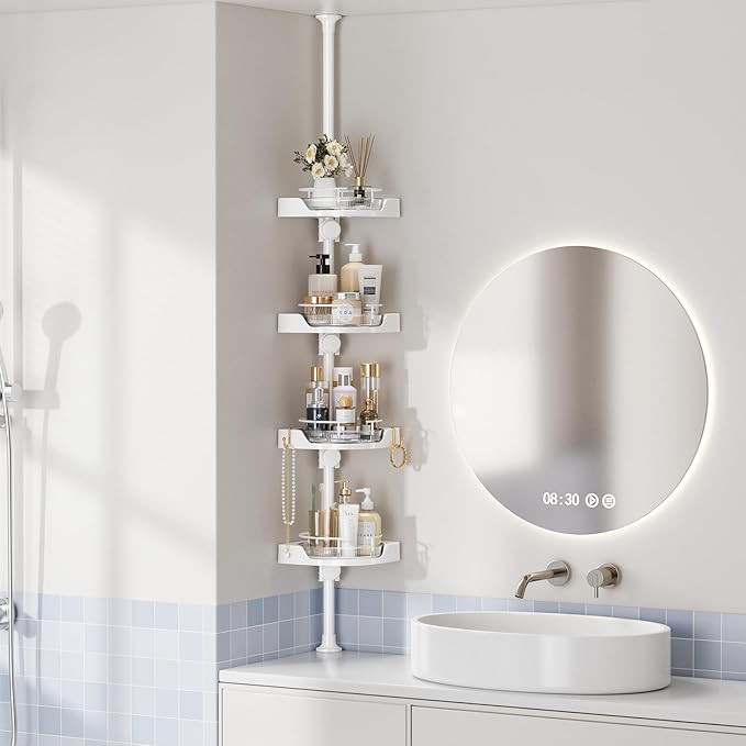 Shower Caddy Tension Pole with 4 L-Lazy Susan Organizer 360 Rotating 35-128 Inch