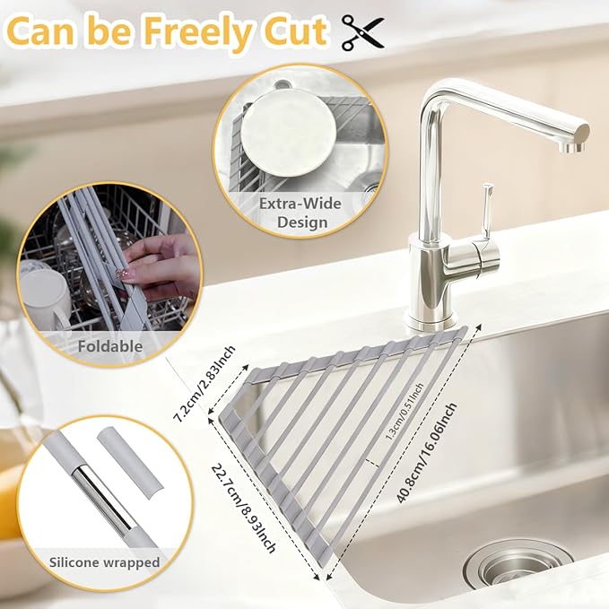 Credon Triangle Roll Up Dish Drying Rack, Foldable Anti-Slip Kitchen Sink Drainer Organizer, Silicone Coated Stainless Steel Frame, Multipurpose Over Sink Corner Caddy for Space Saving (Grey)