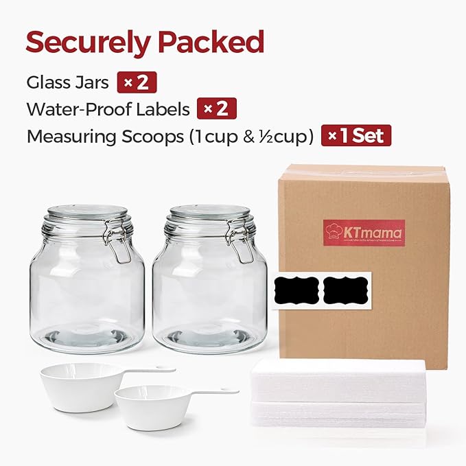 0.6 Gallon 2 Pack Wide Mouth Glass Jars with Airtight Lid – Includes 1 Cup & 0.5 Cup Measuring Scoops & Labels, Ideal for Flour, Sugar, Coffee, Cereal, Rice & Dry Goods | Thick Glass, BPA-Free
