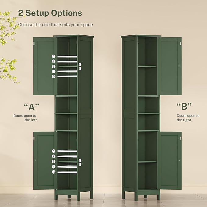 67" Tall Bathroom Cabinet with Adjustable Shelves and Doors, Green