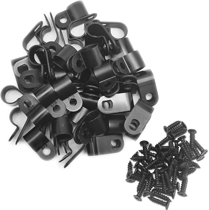 Cable Clamp R-Type Cable Clip Wire Clamp 3/8" Nylon Screw Mounting Cord Fastener Clips with Screws for Wire Management - Black - 50 Pcs