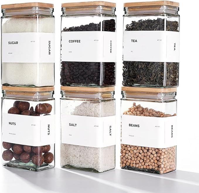 APT 1101 Glass Storage Jars with Bamboo Lid, glass canisters with airtight lids, Clear jars with lids for Spice, Cookie, Candy, Tea, Coffee Bean and Rice (White, 26 oz, Set of 6)
