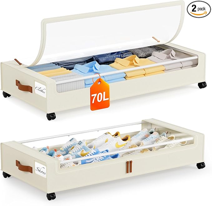 Yecaye Under Bed Storage with Wheels 2 Pack, 70L Larger Capacity Under Bed Storage Containers, Underbed Shoe Storage Organizer, Rolling Under Bed Metal Drawers for Clothes, Blankets(35.5 x 17 x 6.7in)