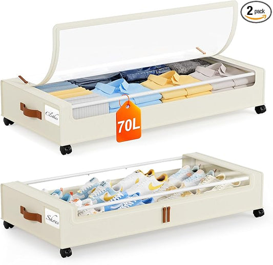 Yecaye Under Bed Storage with Wheels 2 Pack, 70L Larger Capacity Under Bed Storage Containers, Underbed Shoe Storage Organizer, Rolling Under Bed Metal Drawers for Clothes, Blankets(35.5 x 17 x 6.7in)