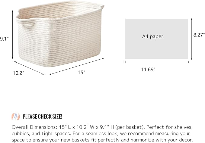 R RUNKA Cotton Rope Basket Set of 3 (15"x10.2"x9.1") - Rectangle Storage Bins - Versatile Toy Storage Organizer - Perfect for Kids, Dog Toys, Books, Shelves - White