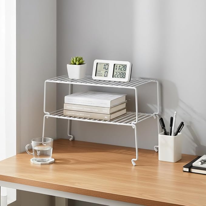 6-Pack Large (15.7x8.54inch) Multi-Level Organizer Rack, Kitchen Shelves for Spice Organization for Cabinet, Pantry Organizers and Storage, Wire Extra Shelf, Desk Organizer, Stackable, White
