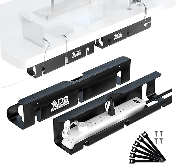 Under Desk Cable Management Tray (2 Pack) - 16" Sturdy Metal Wire Management Under Desk, Under Desk Cable Tray, Holds 15lbs+ Wire Management and Cord Organizer for Home Office Standing Desk - Black