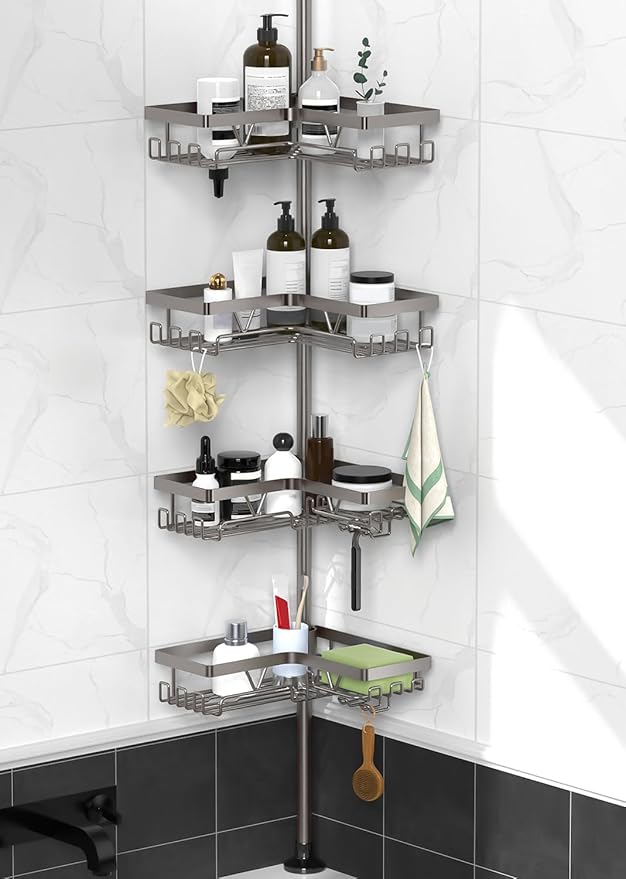 Corner Shower Caddy Tension Pole with Soap Dish & Razor Holder
