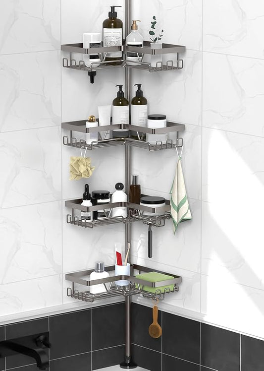 Corner Shower Caddy Tension Pole with Soap Dish & Razor Holder