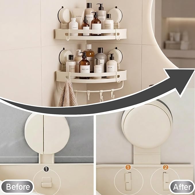 Suction Cup Shower Caddy(2-Pack Cream White),Single 1.77 Inches High No-Drilling Aluminum Bathroom Organizer with Towel Bar & Hooks,Moder wall Shower Shelf and Storage Decor