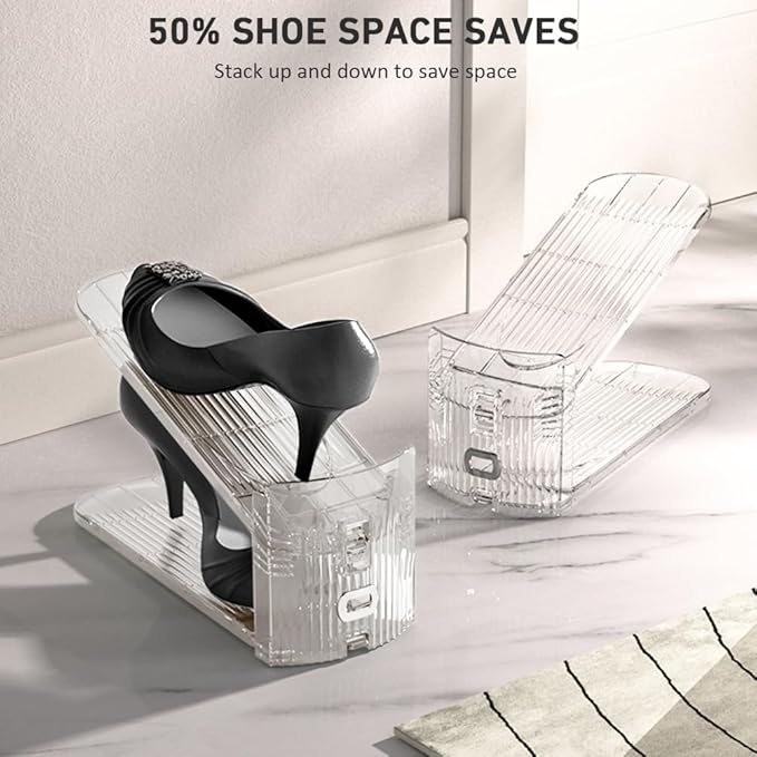 16 Pack Clear Shoe Slots Organizer - Adjustable Height 3.7''to 7.7'' Shoe stackers for a pair of shoes ,Shoe rack storage shoe space saver 50%,Easy to assemble shoe hold shoe organizer for cloest