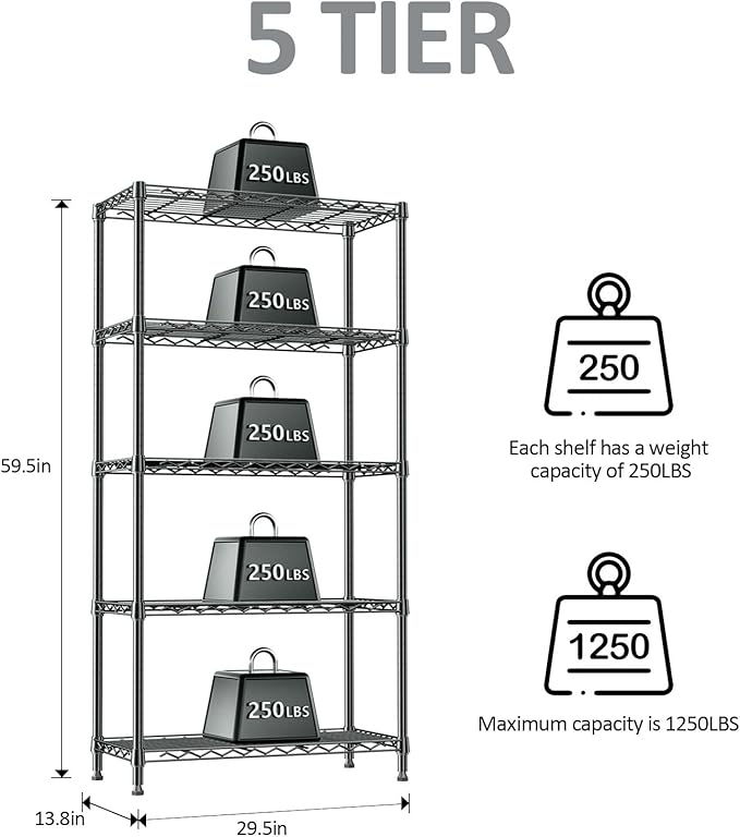 IZEUK 5-Tier Metal Storage Shelving Unit, 1250 lbs, Black,13.8" D x 29.5" W x 59.5" H, Wire Shelf for Home, Kitchen, Office and Garage Organization