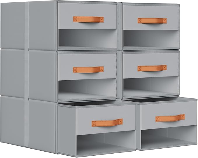 DIMJ Closet Organizers and Storage - Pull-out Fabric Bins with Drawers for Closet Foldable Clothes Organizers with Clear Window, Stackable Storage Drawers for Bedroom,Living Room,Shelf,6-Pack, Grey