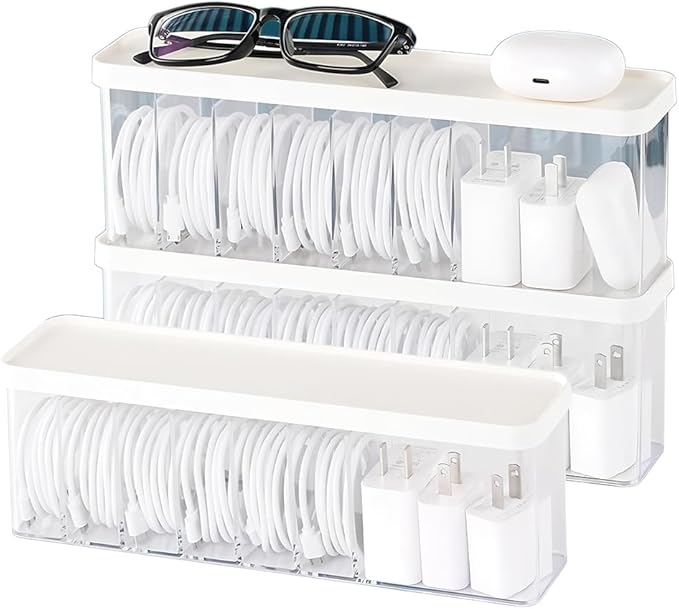 Charger Cable Cord Storage Organizer Box, 3 Pack With Lid