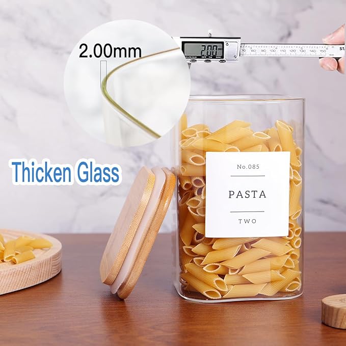 6 Pack Square Kitchen Storage Jars with Airtight Bamboo Lids and 132 Pantry