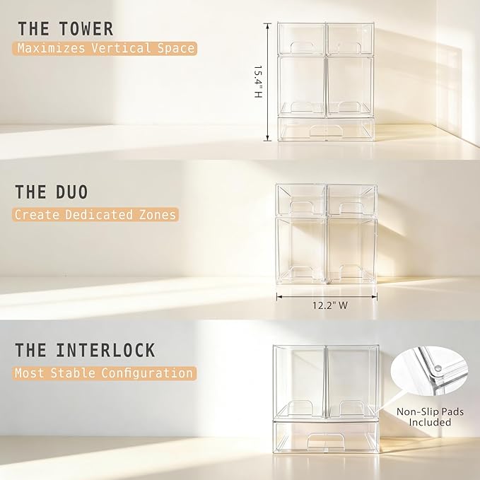 Baby Bottle Organizer, Large Capacity Stackable Acrylic Storage with Non-Slip Pads, for Baby Bottles, Pump Parts, Kitchen Countertop, Pantry, Vanity, 4-Piece