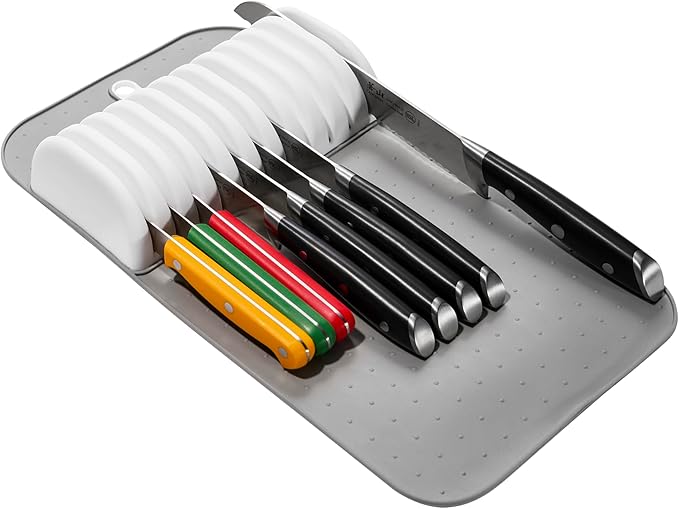 madesmart Large Knife Mat, Soft-Grip In Drawer Knife Organizer for 12 Knives, Non-Slip Kitchen Drawer Storage, Space Saving Knife Block Alternative, Grey