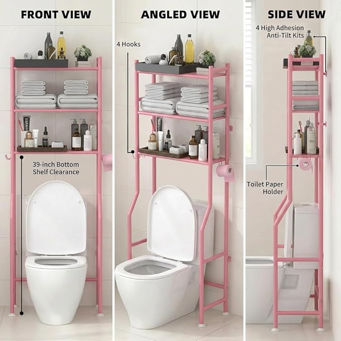 GloTika 3-Tier Over Toilet Storage with Anti-Tilt Safety System - 150lb Total Capacity Metal Bathroom Shelves Including Paper Holder & 4 Hooks, Space Saving Above Commode Organizer (64" H, Pink)