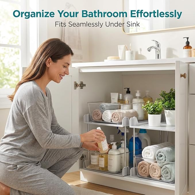2 Pack Bathroom Organizer,2 Tier White Under Sink Organizers Vanity Countertop Storage Container,Cabinet Drawers Bins, Pull-Out Organization with Track for Pantry, Kitchen