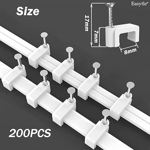 Easytle 200 Pcs 8mm Cable Clips Nail in Flat Ethernet Cable Wall Clips for Cords Cat5/Cat5e/Cat6/Cat7 RJ45 Coax Speaker Wire