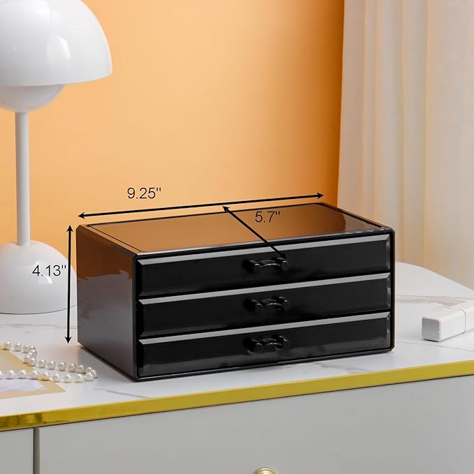 YUFONG Earring Organizer Box Acrylic Jewelry Organizer with 3 Drawers 54 Adjustable Grids Clear Stackable Earring Holder Velvet Trays Ring Display Case for Women Girls (Black Black)