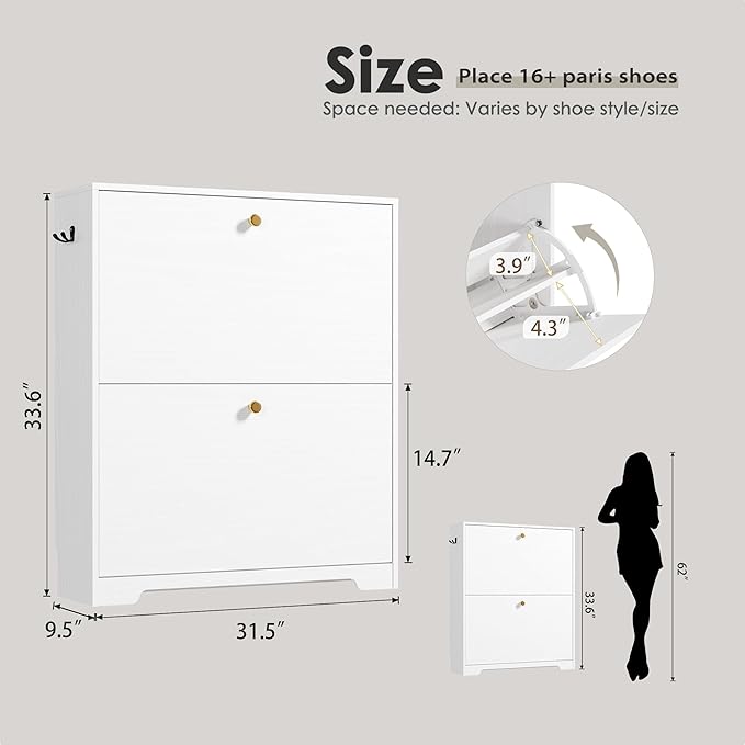 Nicetree Shoe Cabinet with 2 Flip Drawers, Narrow Shoe Organizer Cabinet, Freestanding Shoe Rack Cabinet, Modern Shoe Storage Cabinet for Entryway, Hallway, Foyer, White with Hook