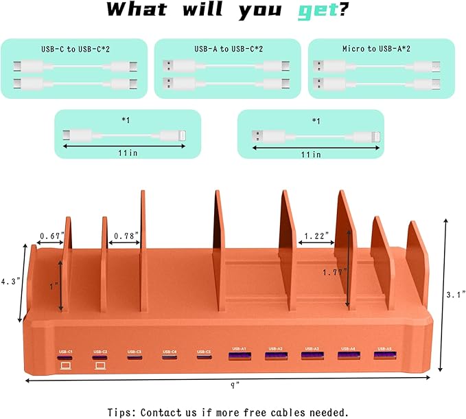 320W Charging Station for Multiple Devices, Zobirez 10-Port USB C Fast Charger Stations for MacBook, iPhone, Android Cell Phone, iPad, Tablet Family Multi-Device Organizer Charging Dock, Orange