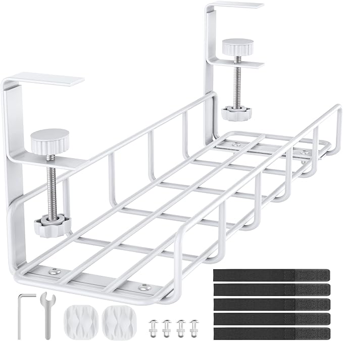 15.7” Under Desk Cable Management Tray, No Drill Heavy Duty Steel Standing Desk Cable Management, Wire Management Tray Cable Rack with Clamp Mount, Adjustable Metal Under Desk Tray (White, 1 Pack)