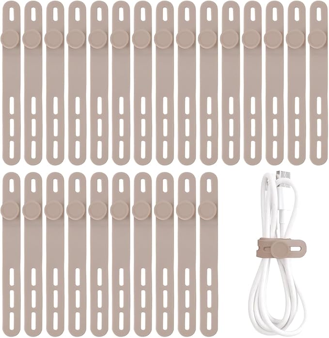 Oligei 25 Pcs Silicone Cable Ties, Cable Ties Reusable, High Elasticity Cord Wraps for Electrical Cords, Cord Organizer for Earphone, Phone Charger(Khaki)