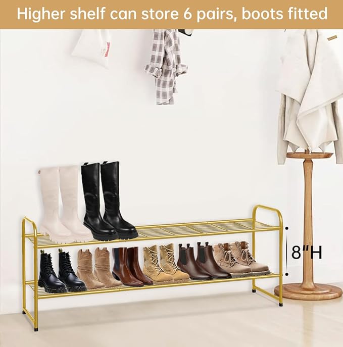 2-Tier Long Shoe Rack for Closet Metal Shoe Organizer for Entryway, Gold
